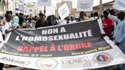 Protesters hold a banner reading 'no to homosexuality' during a demonstration in Dakar, Senegal, demanding the criminalization of homosexuality on May 23, 2025.