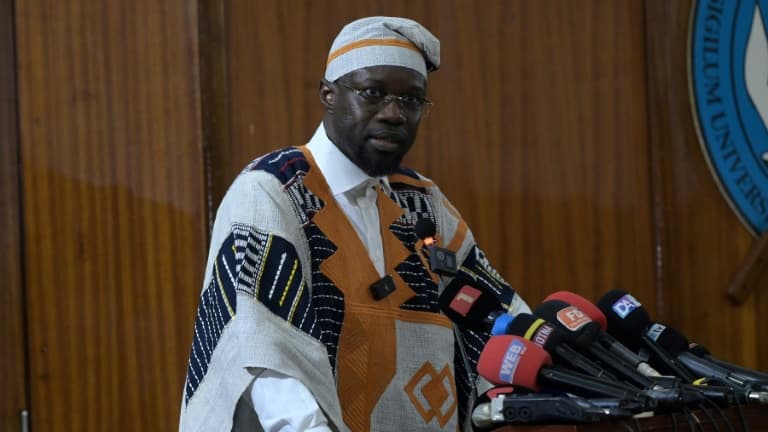 Senegal's prime minister Ousmane Sonko delivering a speech at Cheikh Anta Diop University in Dakar on May 16, 2024