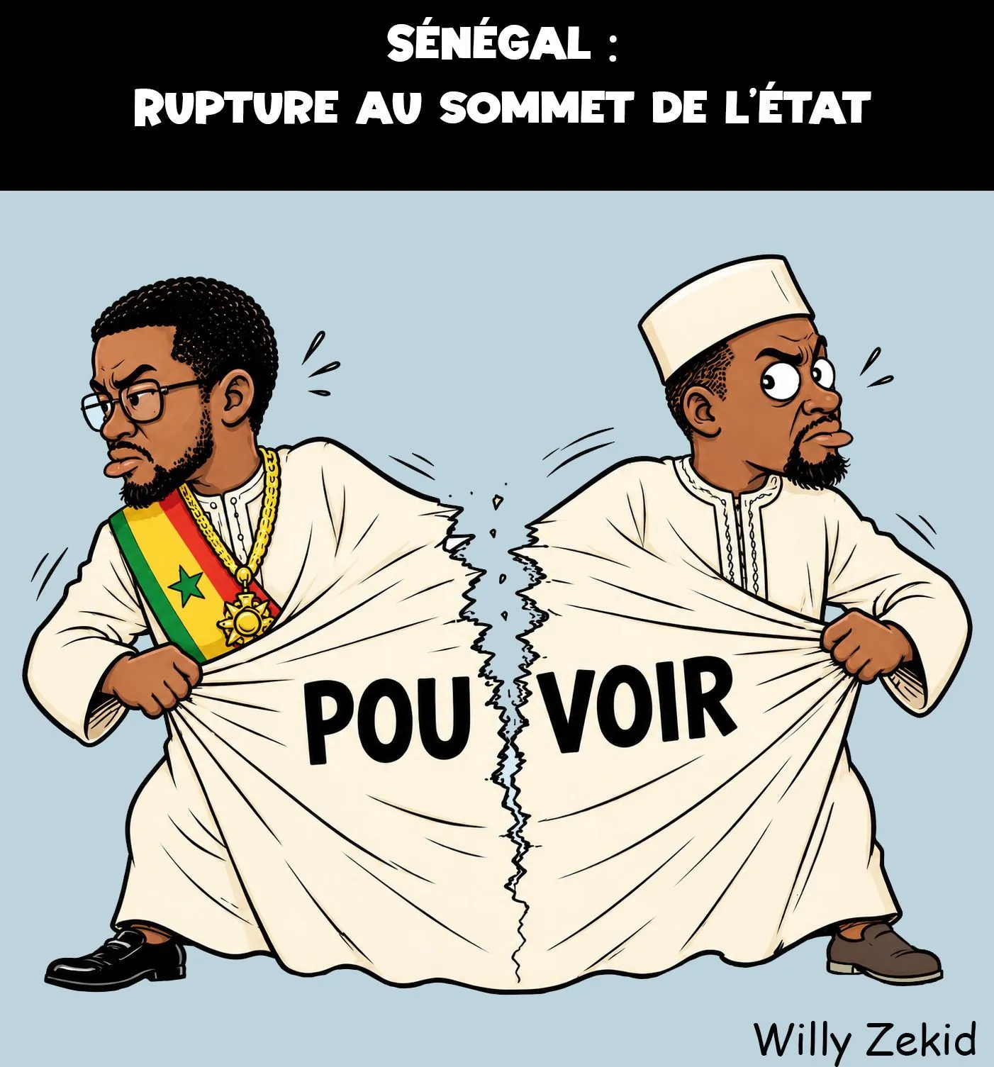 Caricature depicting Ousmane Sonko and Bassirou Diomaye Faye tearing apart a garment labeled 'power'