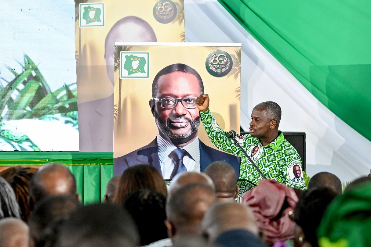 Calice Yapo Yapo, Côte d’Ivoire’s PDCI executive secretary, speaks during the party’s 80th anniversary celebrations on April 9, 2026, in Abidjan.