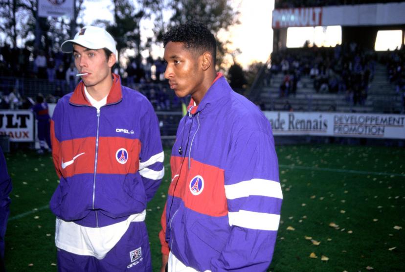 Nicolas Anelka (&agrave; droite) avec J&eacute;r&ocirc;me Leroy, sous les couleurs du PSG, en octobre 1996 &agrave; Rennes.
