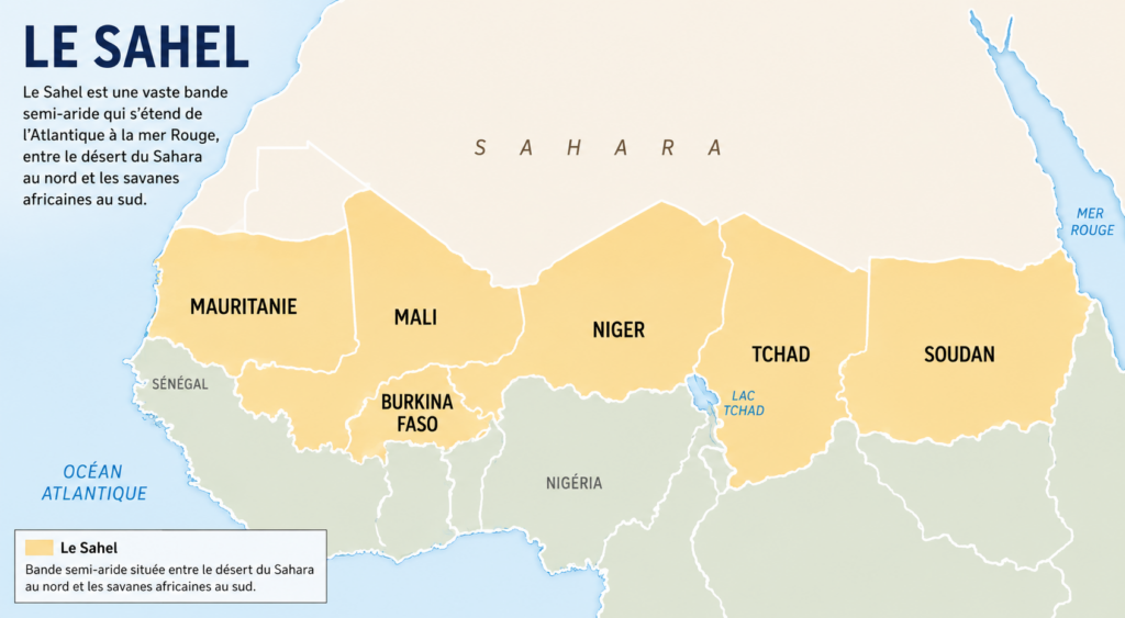 Sahel region map highlighting humanitarian crisis zones