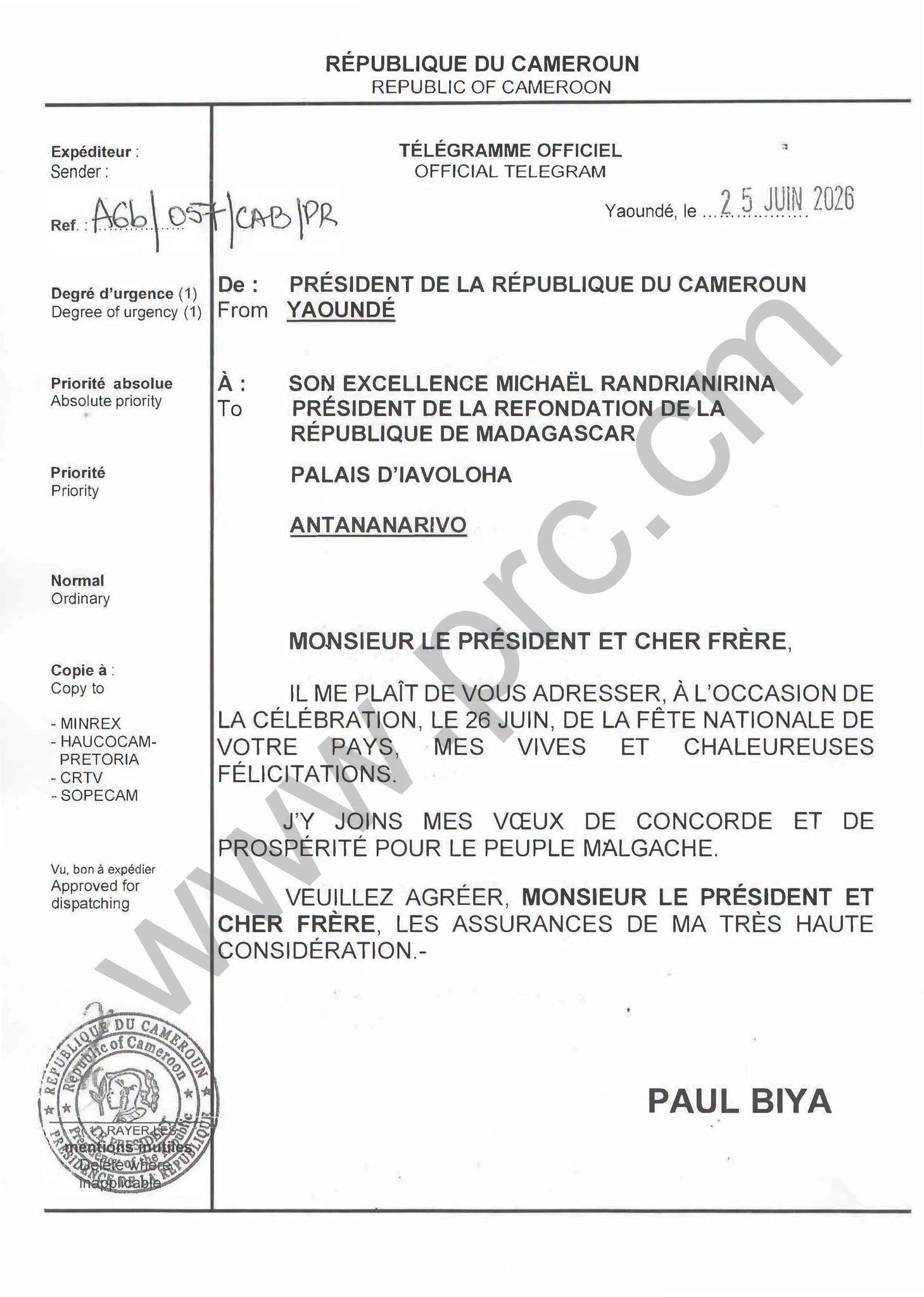 President Paul Biya’s message to Madagascar’s President Michaël Randrianirina