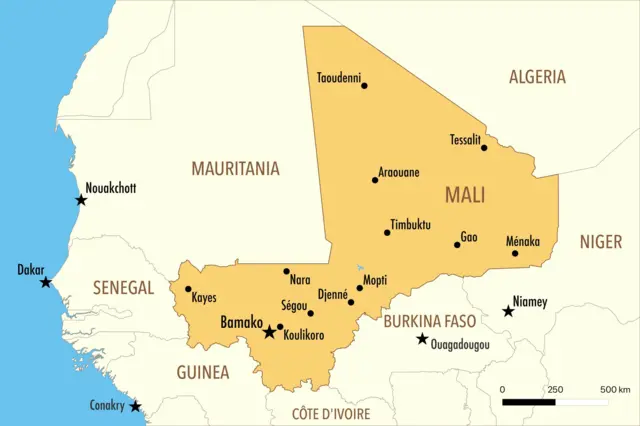 Map of Mali showing key cities and neighboring countries