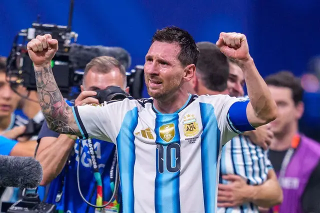 Argentina's Lionel Messi, wearing the number 10 jersey, celebrating a victory after the first leg of the 2026 FIFA World Cup round of 16 match against Egypt at Atlanta Stadium on July 7, 2026