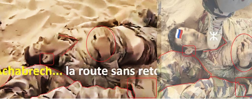 Comparative analysis of body positioning, hand placement, and facial features confirms the scene was extracted from misleading posts.