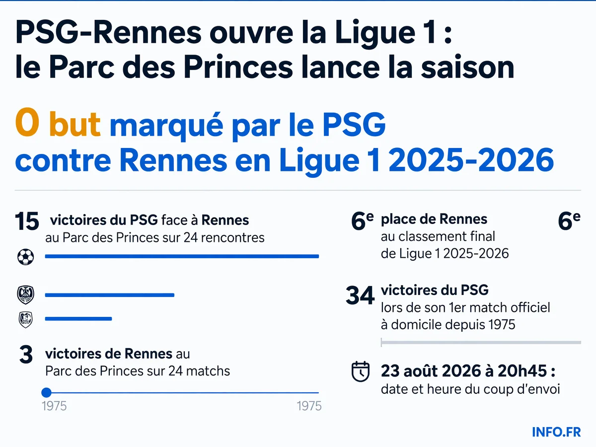 Statistiques de la confrontation PSG-Rennes et du premier match de saison du PSG au Parc des Princes pour l'ouverture de la Ligue 1 2026-2027.