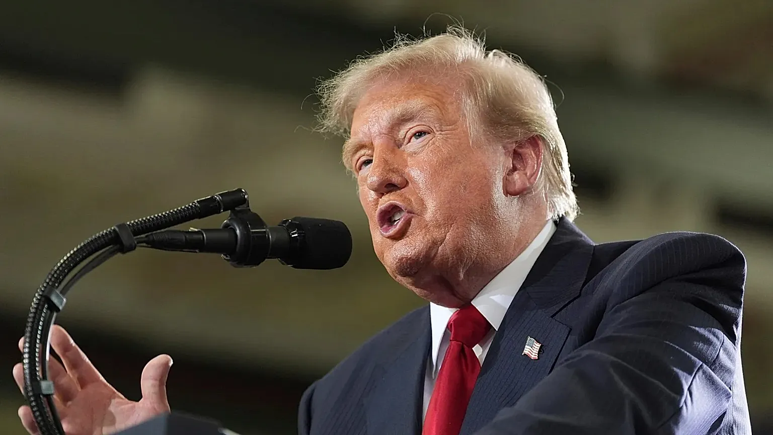 President Donald Trump speaking at General Motors proving grounds in Milford, Michigan, on July 27, 2026