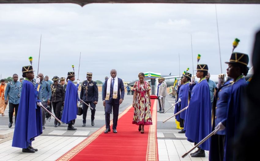 Brice Clotaire Oligui Nguema and his wife returning to Libreville