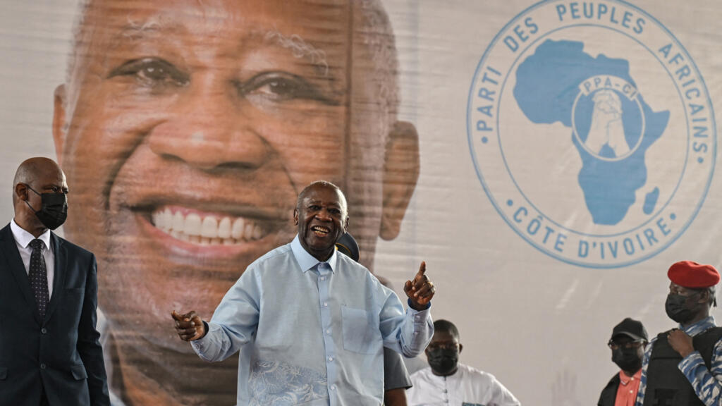 Former Ivorian president and PPA-CI leader Laurent Gbagbo (center) addresses delegates during the closing ceremony of his party's first congress in Abidjan, May 15, 2026.