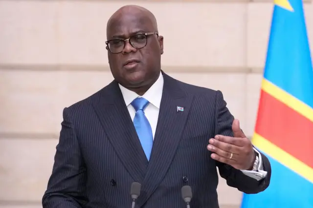 President Félix Tshisekedi addressing media during a Paris visit in April 2024