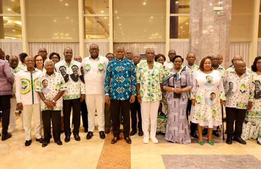 High-ranking PDG officials and President Oligui Nguema seated during a formal meeting in the Presidential Palace